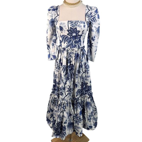 Cara Cara Blue Hill Dress jacobean toile navy blue white Size 4 - Picture 8 of 16